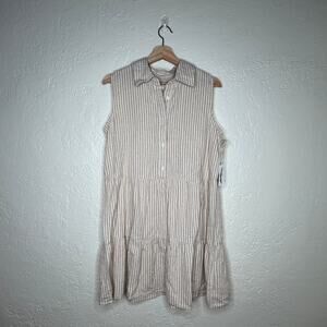Jessica Simpson Women's Beige White Striped Linen Blend Tiered Dress Size Large